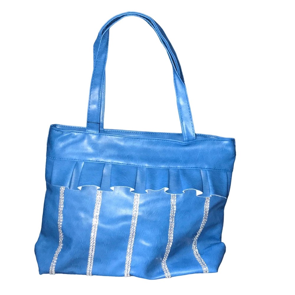 FAUX LEATHER VIBRANT BLUE EMBELLISHED AND RUFFLE DESIGN